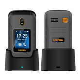 Mumzar 4G flip phone for seniors showing front and back on charging dock with SOS button and large screen